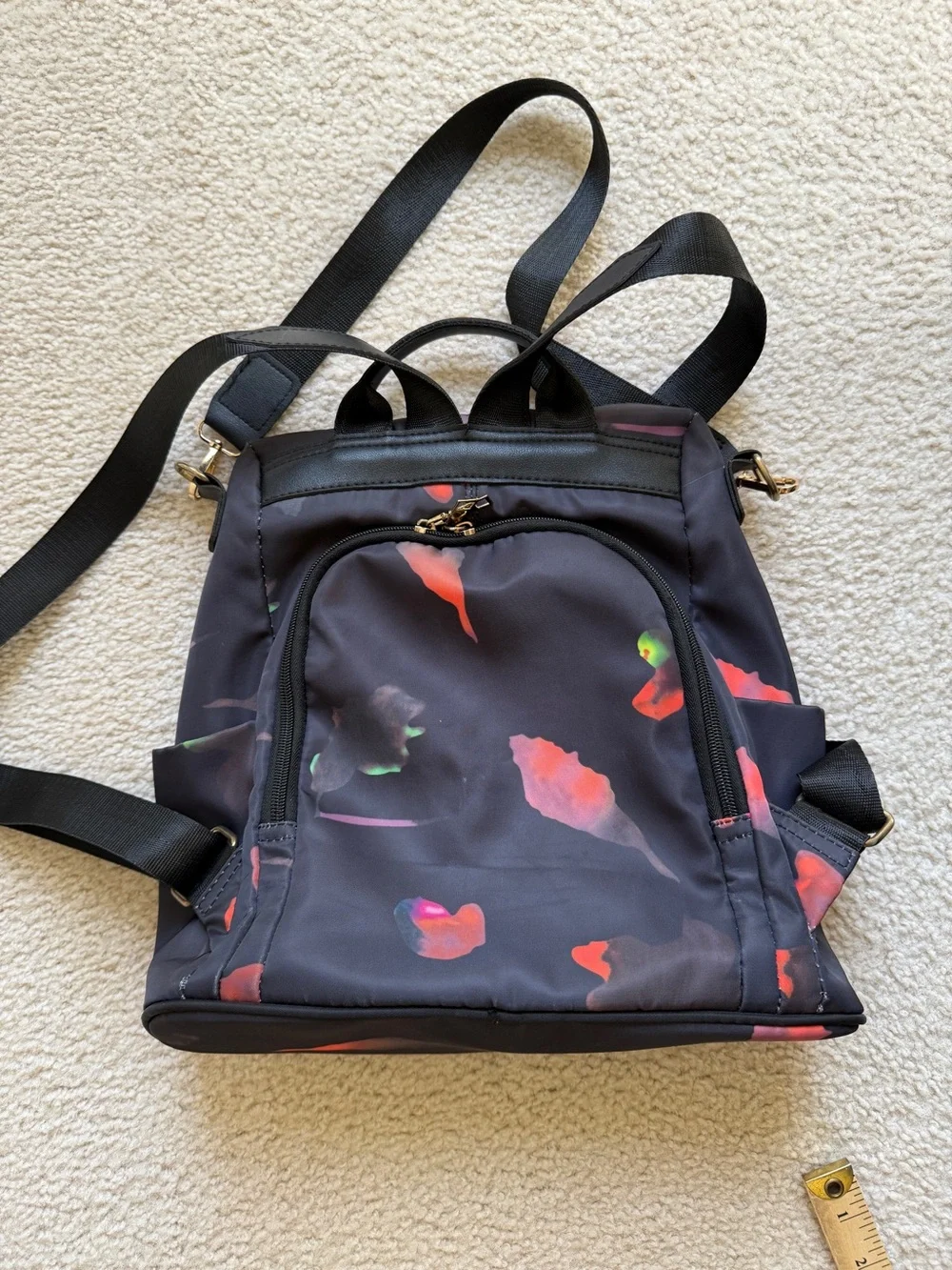 Black Floral Print Nylon Backpack - Women's Convertible Daypack